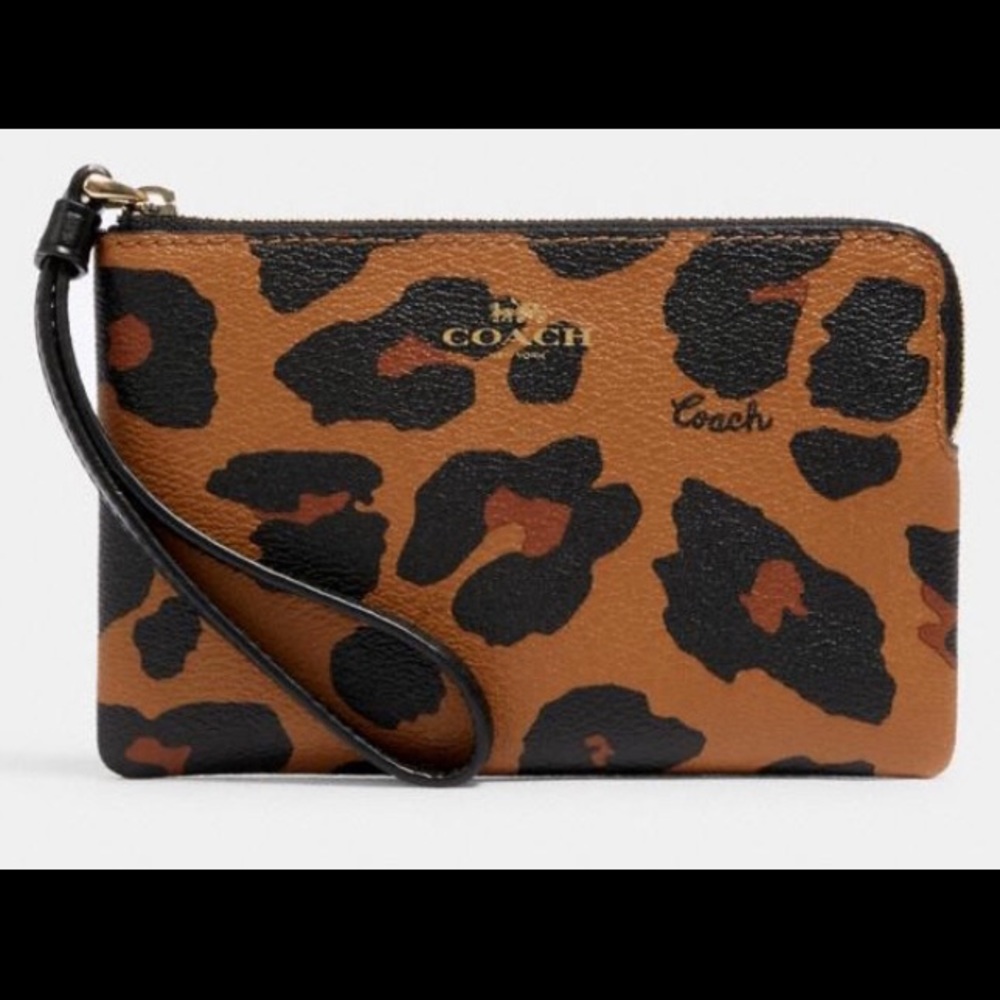 COACH Corner Zip Wristlet With Leopard Print